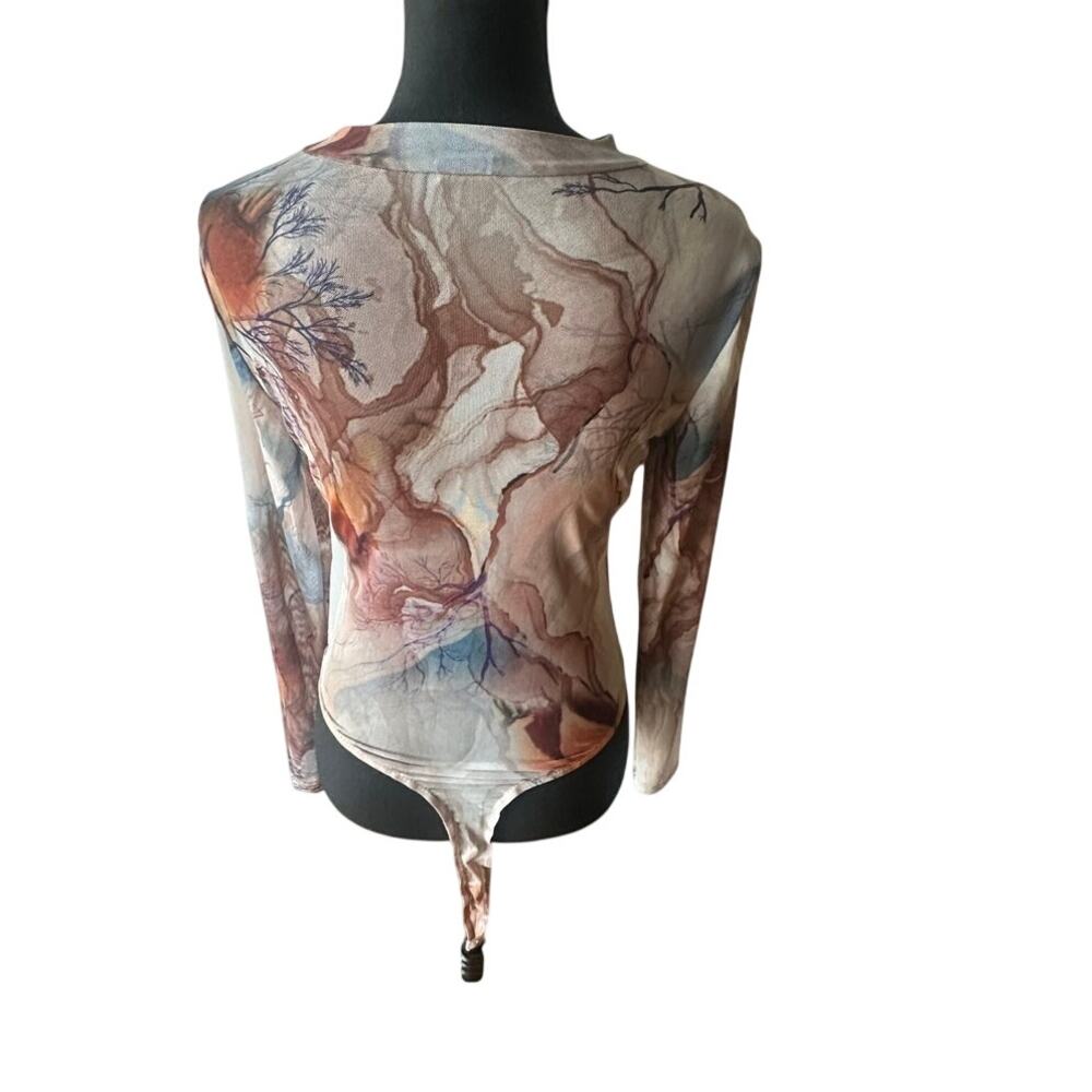 Blanc Clothing Sheer Mesh Bodysuit Abstract Print Long Sleeve Trendy L - Picture 4 of 7